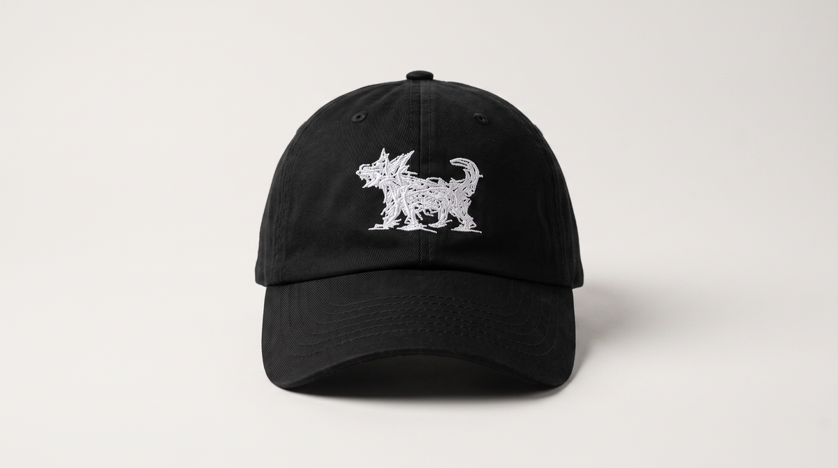 A black baseball cap featuring a white embroidered silhouette of a dog on the front, set against a plain light gray background.