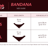 A size guide chart for a dog bandana from Bad Altitude Coffee, showing size S and L with edge lengths in centimeters and inches and neck size limits.