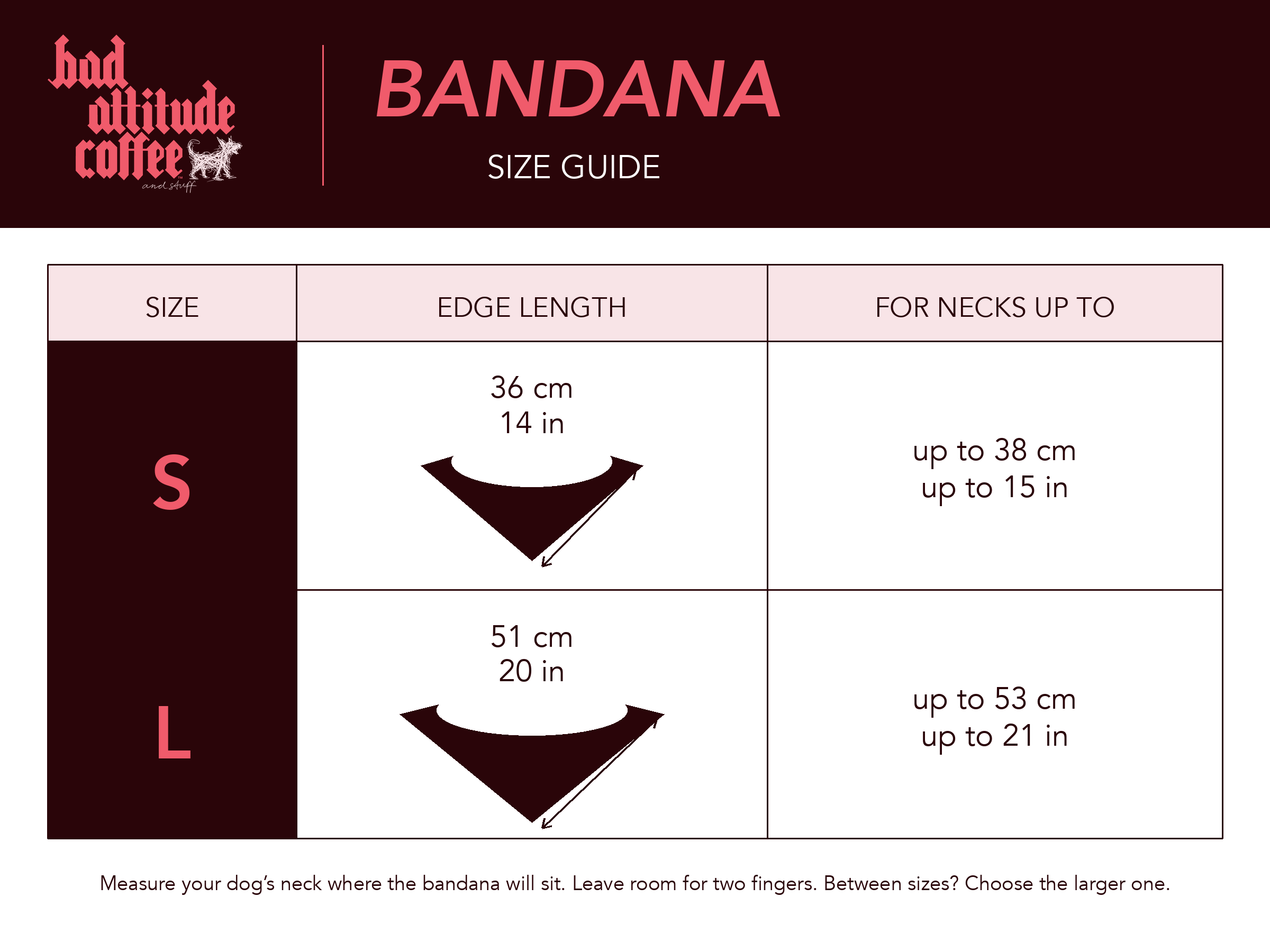 A size guide chart for a dog bandana from Bad Altitude Coffee, showing size S and L with edge lengths in centimeters and inches and neck size limits.