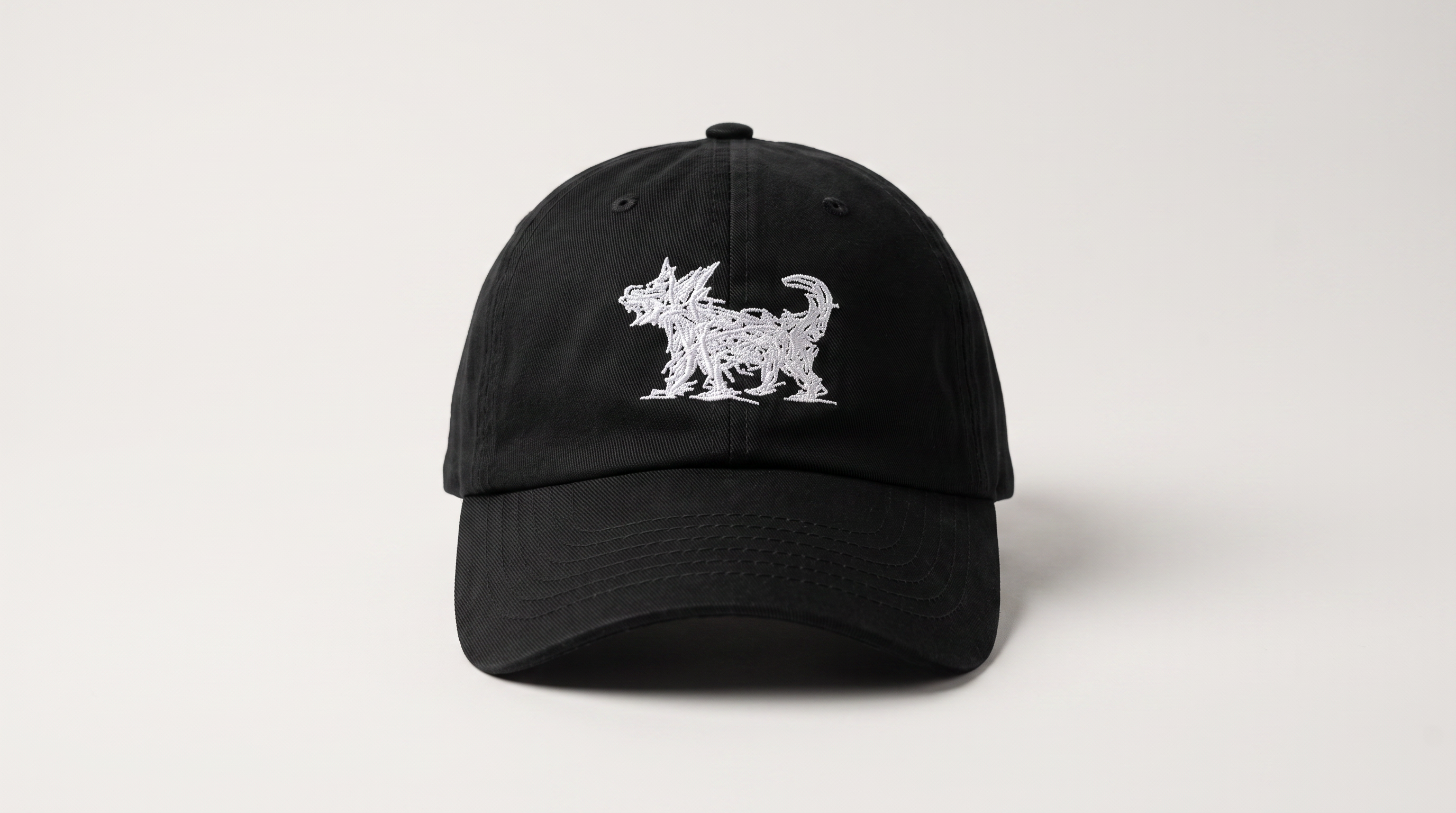 A black baseball cap featuring a white embroidered silhouette of a dog on the front, set against a plain light gray background.