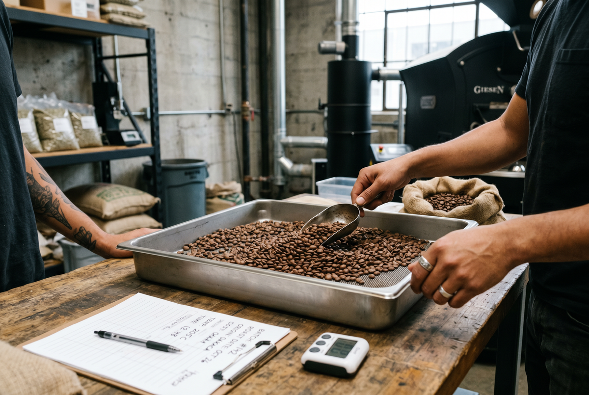 A close-up of coffee roasting in a workshop, with roasted coffee beans in a metal tray on a wooden table, alongside a digital scale, notebook, and a roaster machine in the background. Two people are partially visible, one handling a burlap sack of beans.