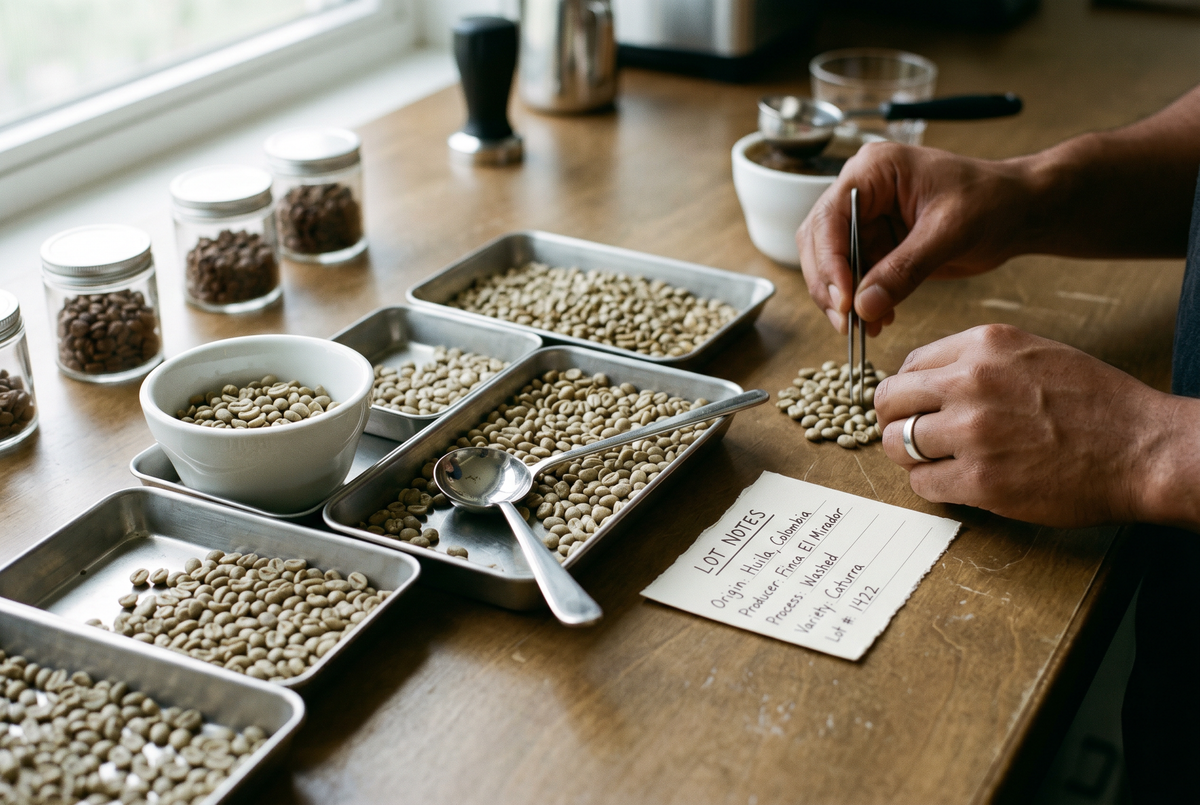 A close-up of hands sorting green coffee beans using a small metal tool on a wooden table, with multiple trays, bowls, and glass jars of coffee beans and beans visible in a kitchen or roastery setting.