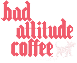 Logo for 'bad attitude coffee and stuff' with stylized text and a dog illustration on a dark background.